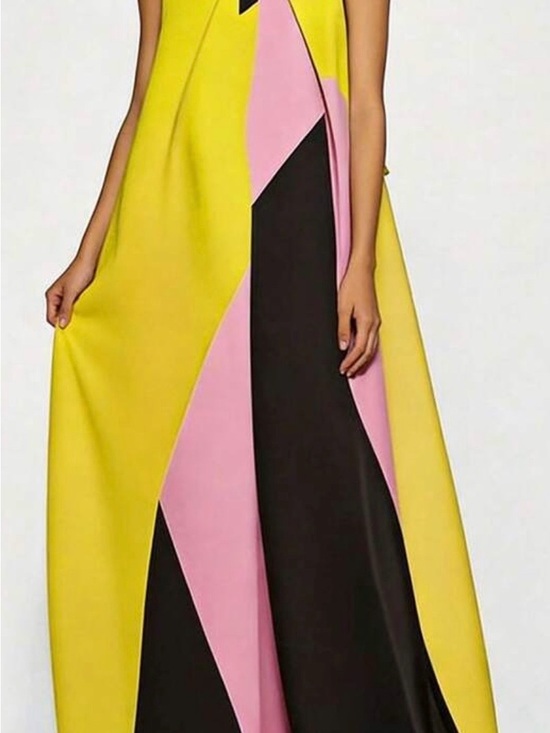 SHEIN Dresses & Skirts - SHEIN Yellow Pink Black Colorblock Maxi Gown
